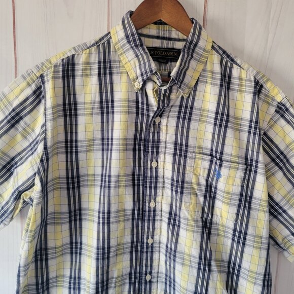 US Polo Assn. Men’s XL Plaid Short-Sleeve Shirt, 100% Cotton, Blue/White/Yellow - Picture 3 of 8